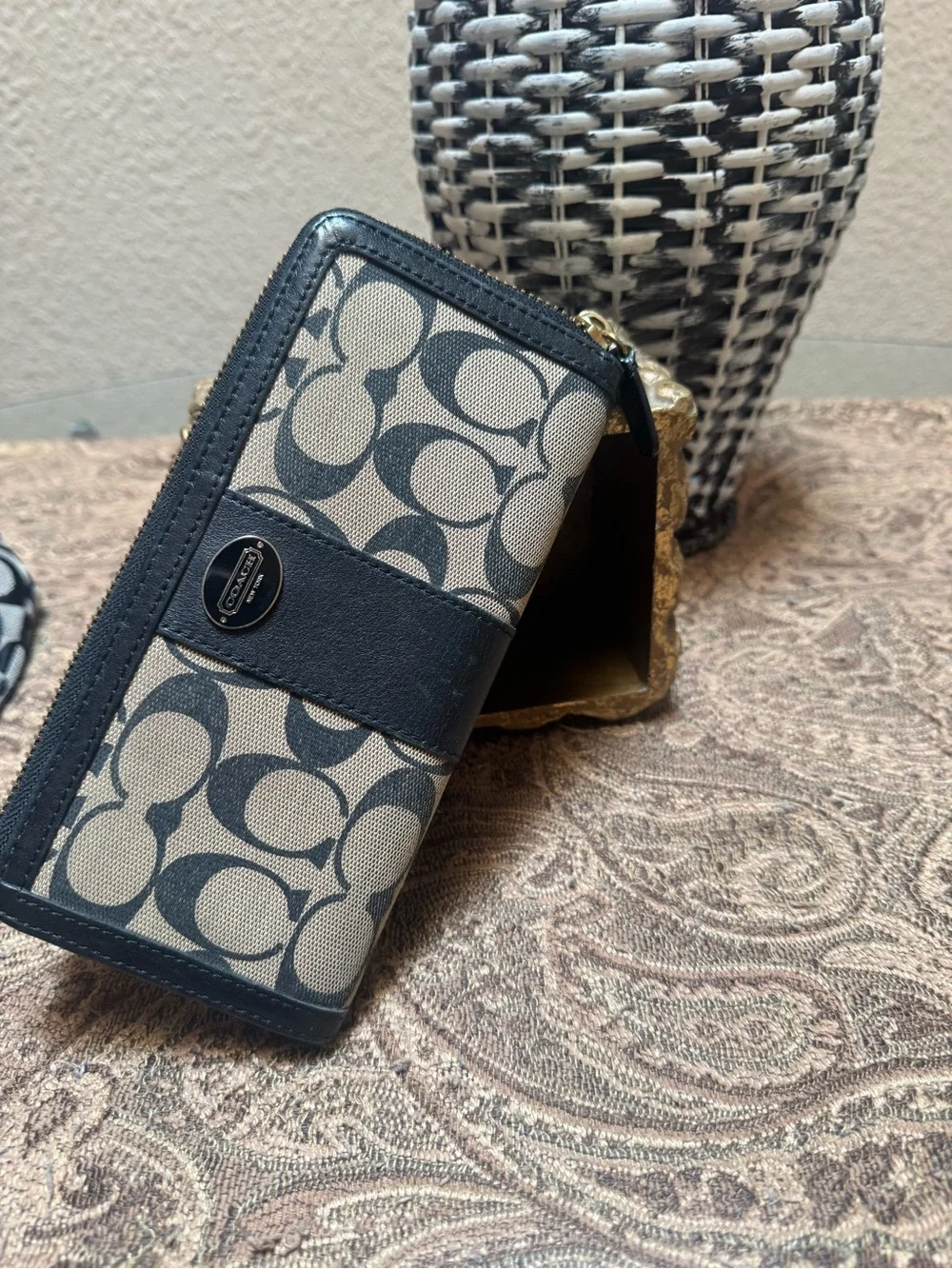 Coach Signature Canvas Zip Phone Wallet in Khaki and Black